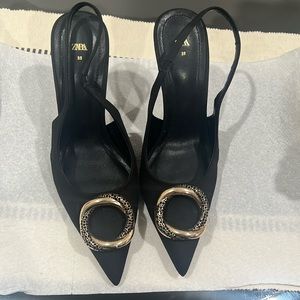 New Zara Black Satin Slingback Flats Embellished Pointed Toes Sz 39